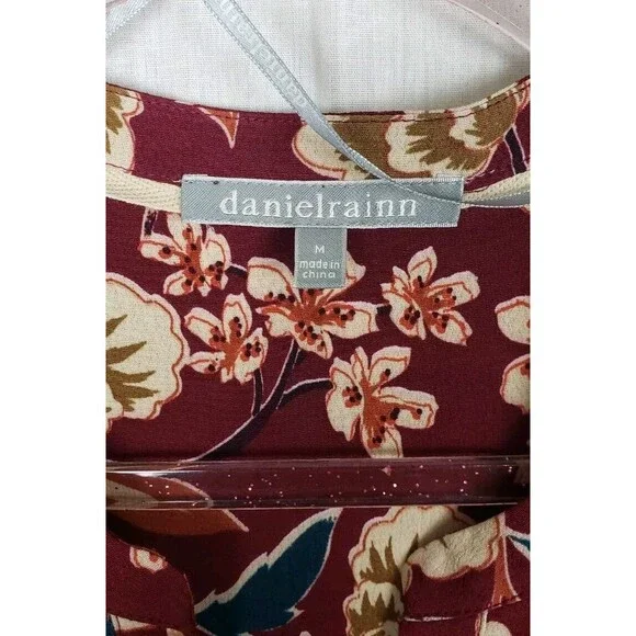 Daniel Rainn Blouse Top M Brown Multicolor‎ Floral Roll Tab Sleeves Autumn Fall - Picture 3 of 7